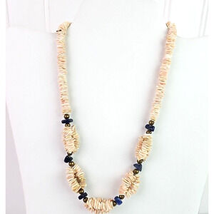 Sea Shell Necklace Light Pink with Dark Blue Nuggets Gold Tone Spacers 17 Inch
